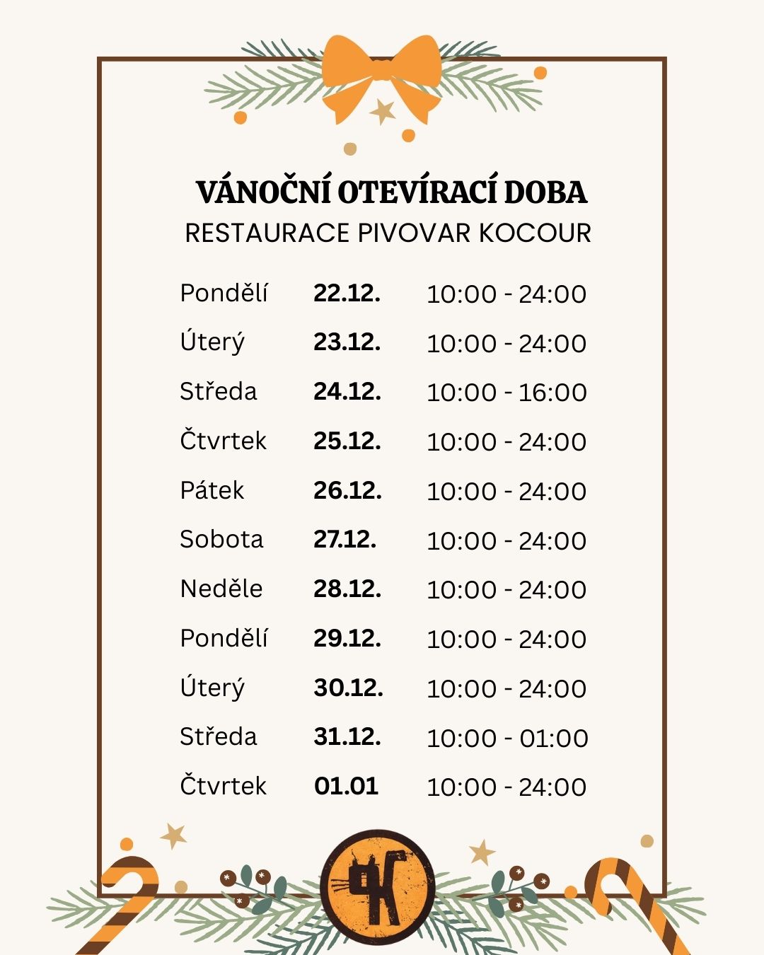 Vánoční otevírací doba restaurace pivovar Kocour